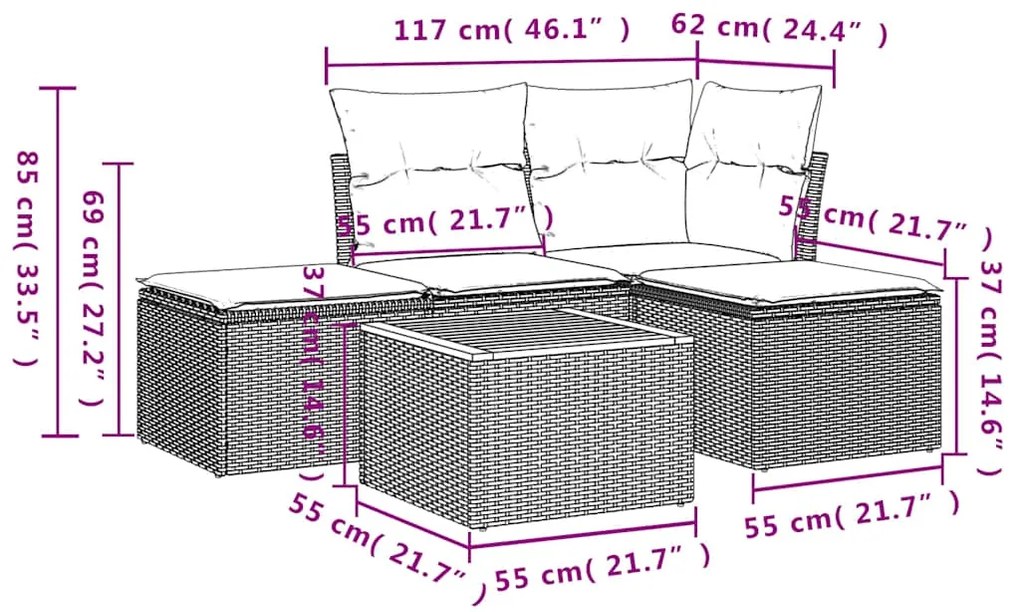 5 pcs conjunto sofás de jardim com almofadões vime PE preto