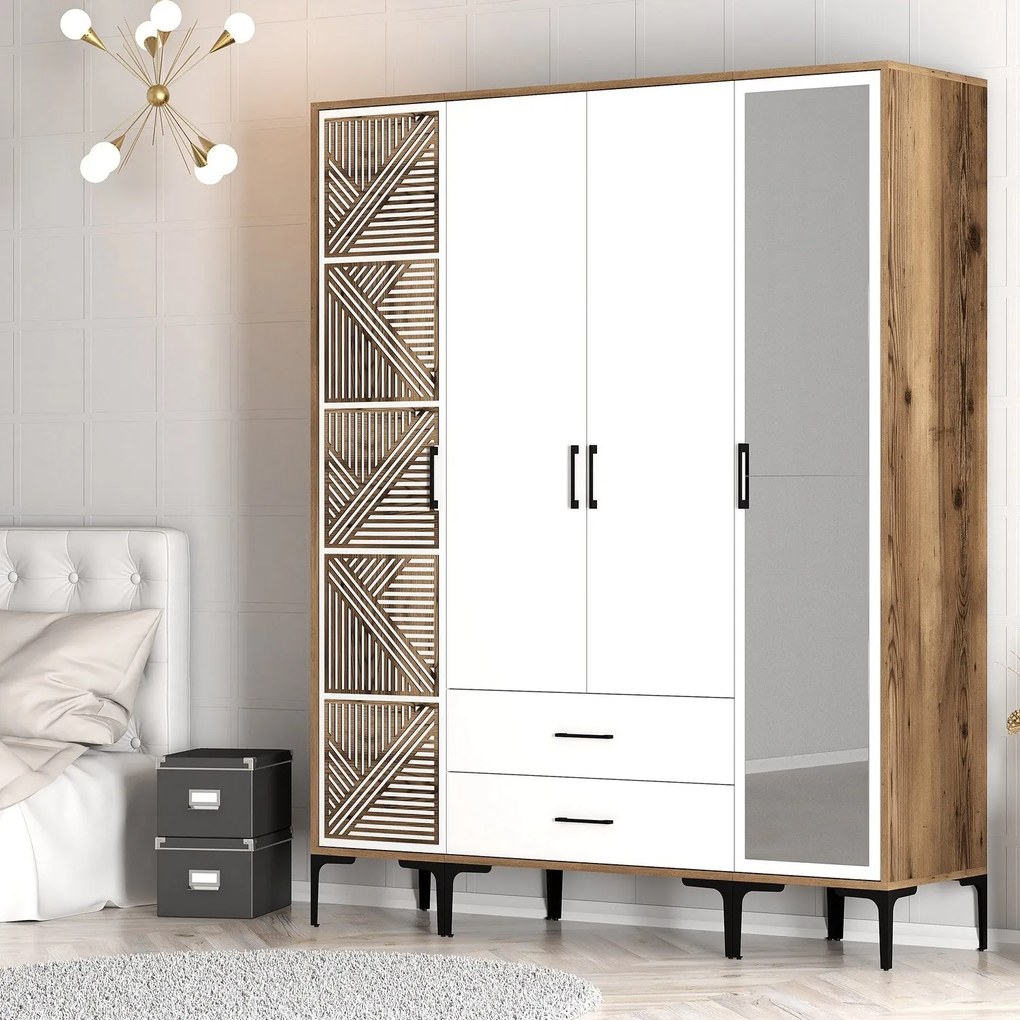 Roupeiro Kumsal PTR – Nogueira e Branco – 160x47,5x201,4 cm