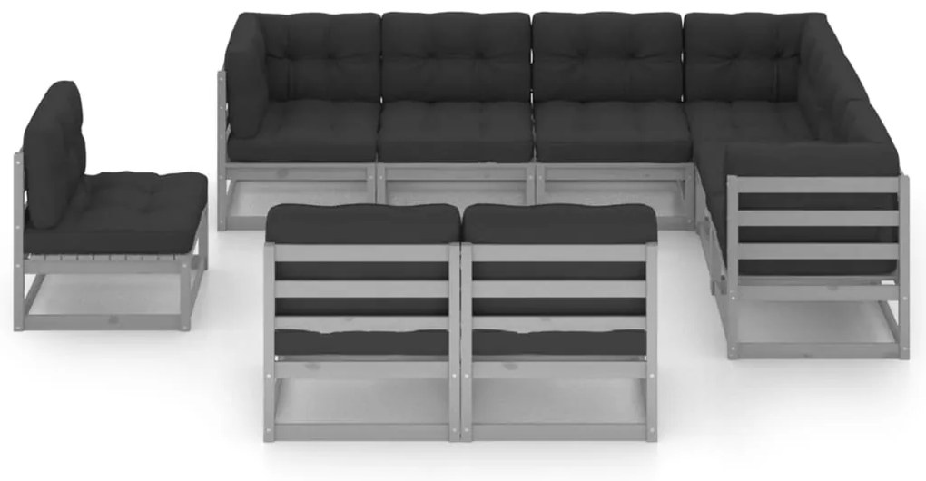 9pcs conjunto lounge de jardim c/ almofadões pinho maciço cinza
