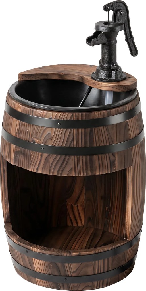 Outsunny Fonte de jardim decorativa em barril de madeira com vaso, madeira de abeto, castanho escuro Ø27 x 59 cm | Aosom Portugal
