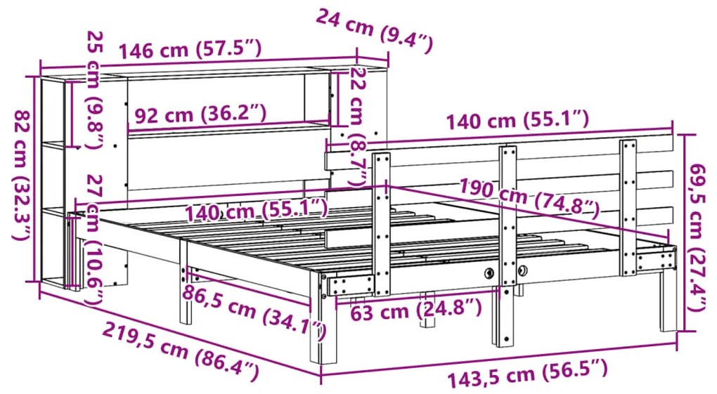 Cama com estante sem colchão 140x190 cm pinho maciço