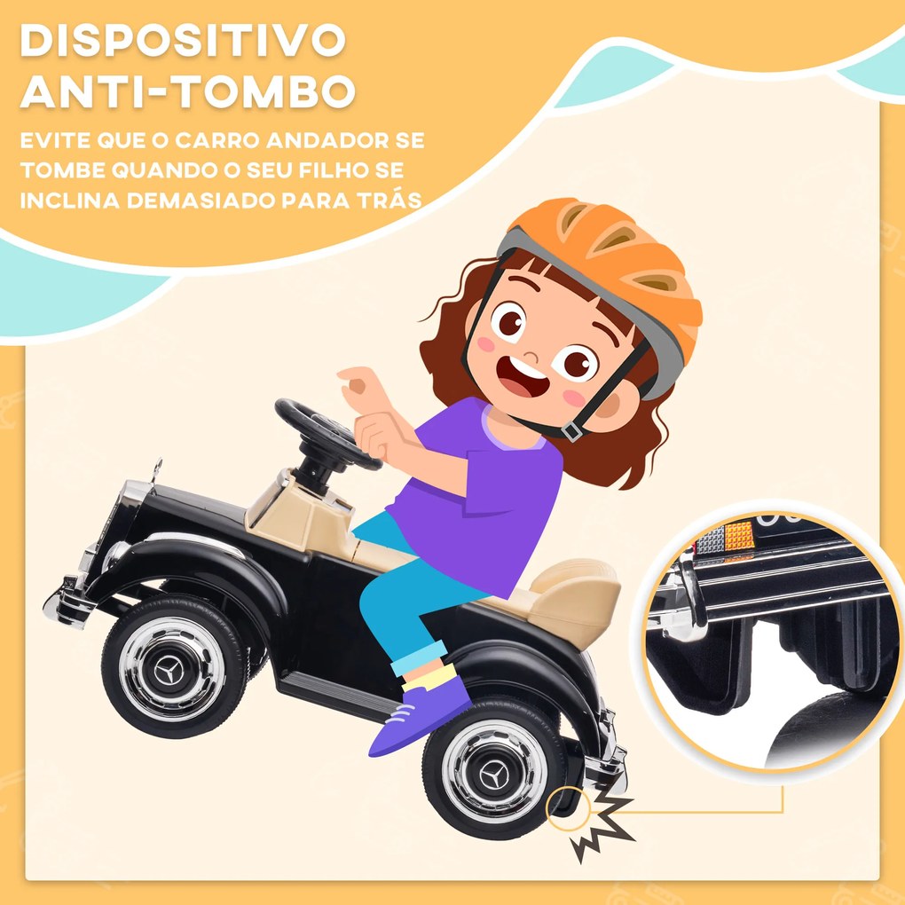 Carro Andador com Licença da Mercedes-Benz 300S com Armazenamento Volante Sistema Anti-Tombo  77,5x41,5x45 cm Preto