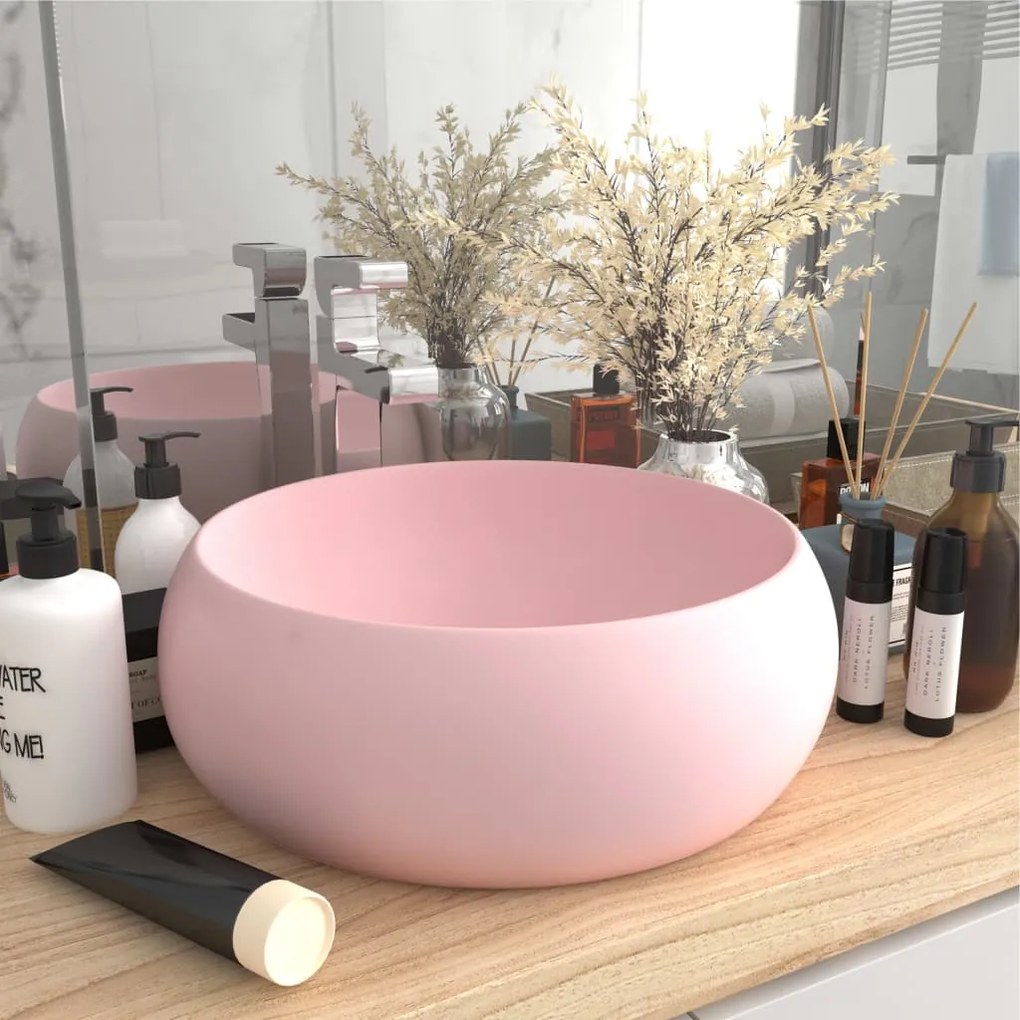 vidaXL Lavatório luxuoso redondo 40x15 cm cerâmica rosa mate