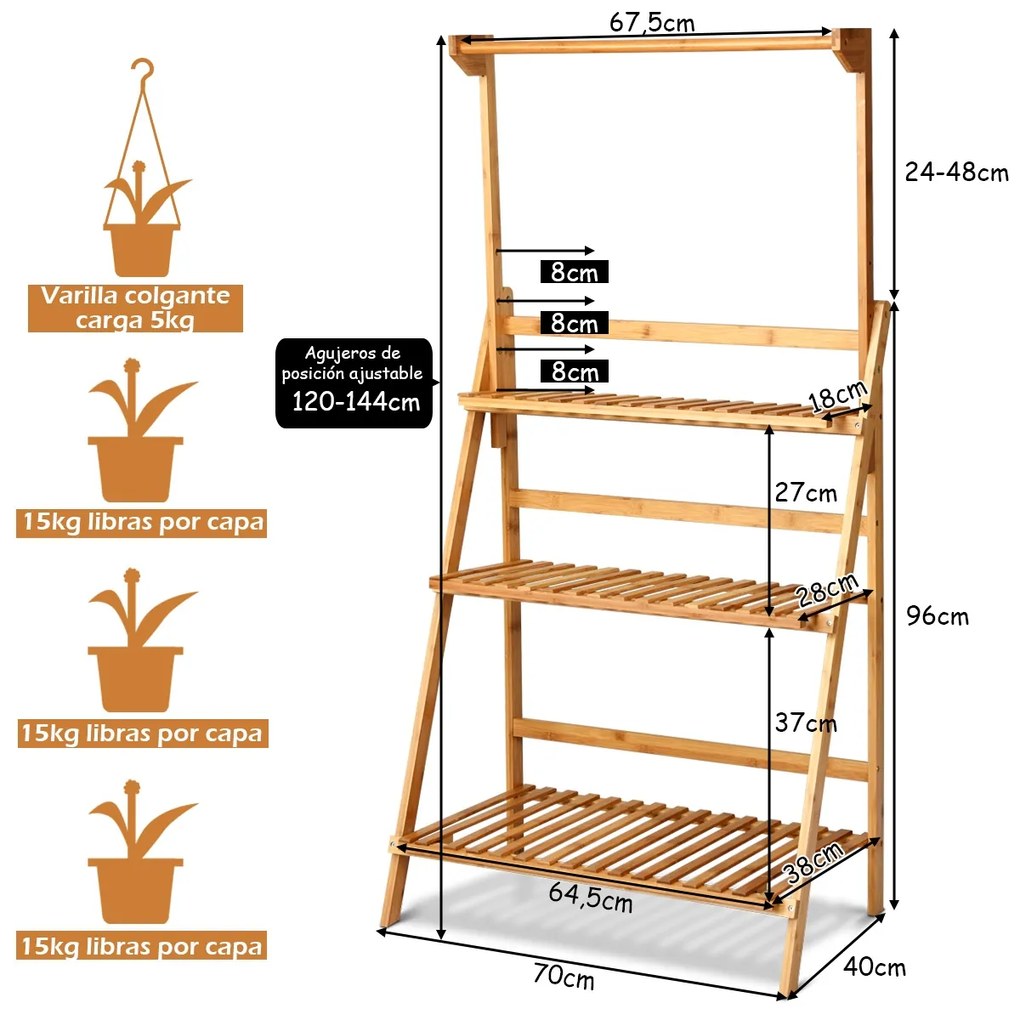 Estante decorativa dobrável para plantas e flores para interior, exterior, relvado, jardim, varanda, 70 x 40 x 120-144 cm bambu