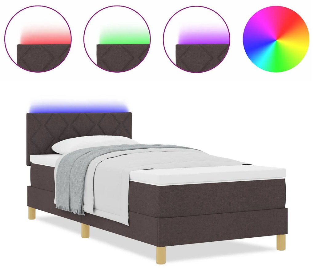Cama Box com Colchão & LED Castanho Escuro 90x200 cm Tecido