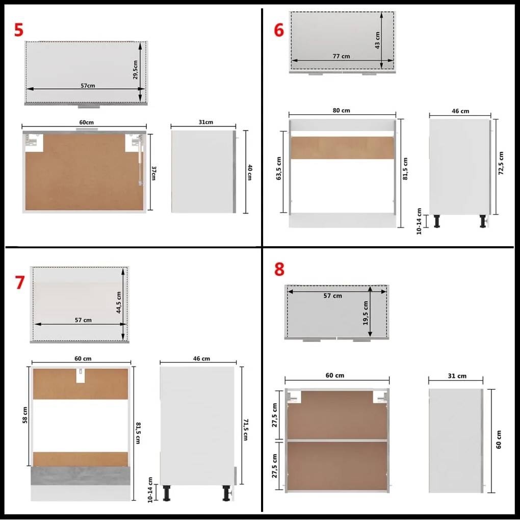 8 pcs conj. armários de cozinha contraplacado cinzento cimento