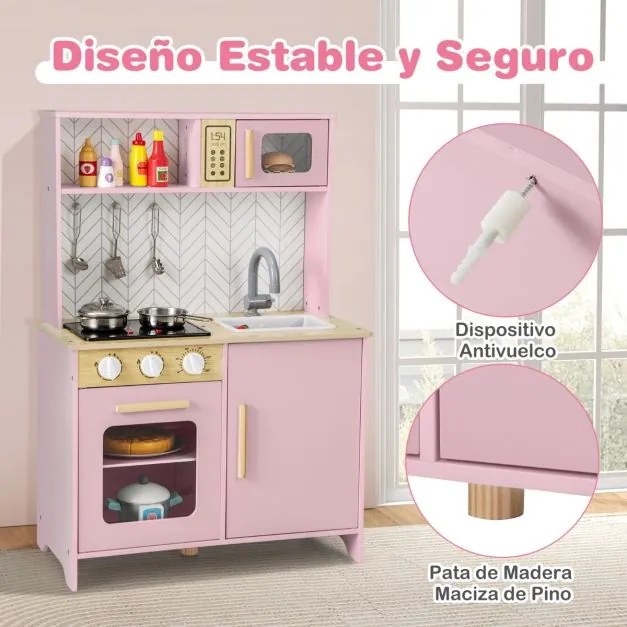 Cozinha de brincar para crianças de madeira 60 x 30 x 85 cm com luzes, sons, micro-ondas, fogão, lava-louças, forno e acessórios Rosa