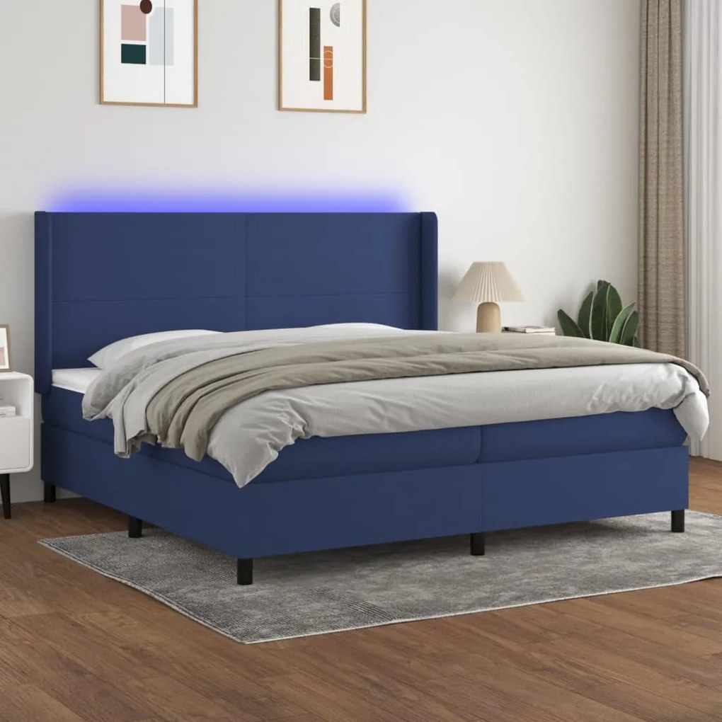 Cama box spring c/ colchão e LED 200x200 cm tecido azul