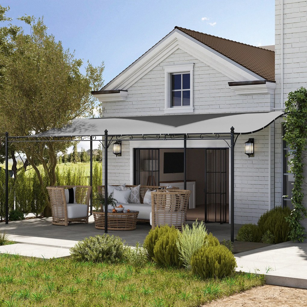 Pérgola de Parede 3x6 m com Telhado Inclinado Orifícios de Drenagem e Estrutura Metálica Cinzento Escuro