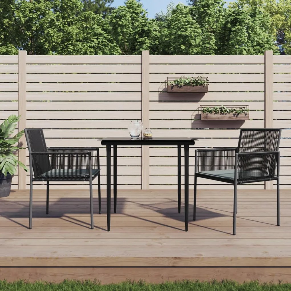 3 pcs conjunto jantar p/ jardim c/ almofadões vime PE/aço preto