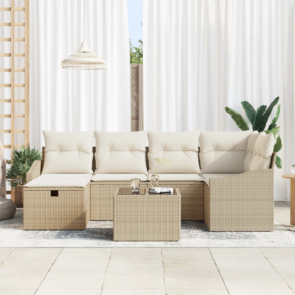 Conjunto de Sofá de Jardim com 7 Peças com Almofadas Bege Polivime