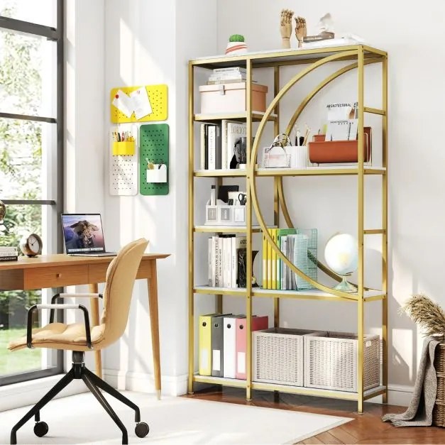 Estante de 6 níveis 100 x 30 x 177 cm com prateleiras de armazenamento abertas Branca e dourado