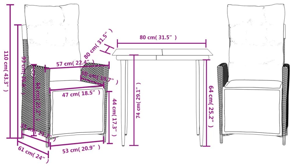 3 pcs conjunto de jantar p/ jardim c/ almofadões vime PE cinza