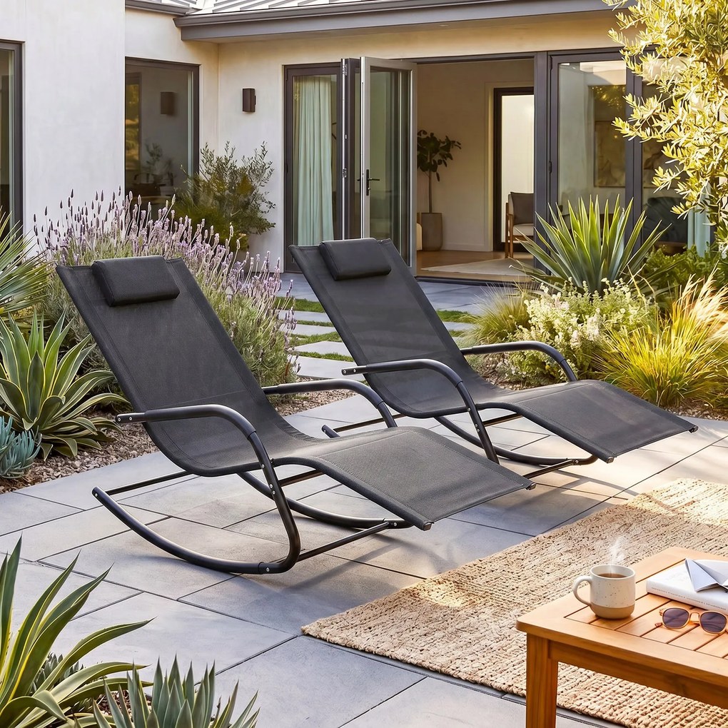 Cadeira de baloiço para exterior, respirável, com braços curvos e encosto de cabeça amovível, para varanda, jardim ou terraço, preta