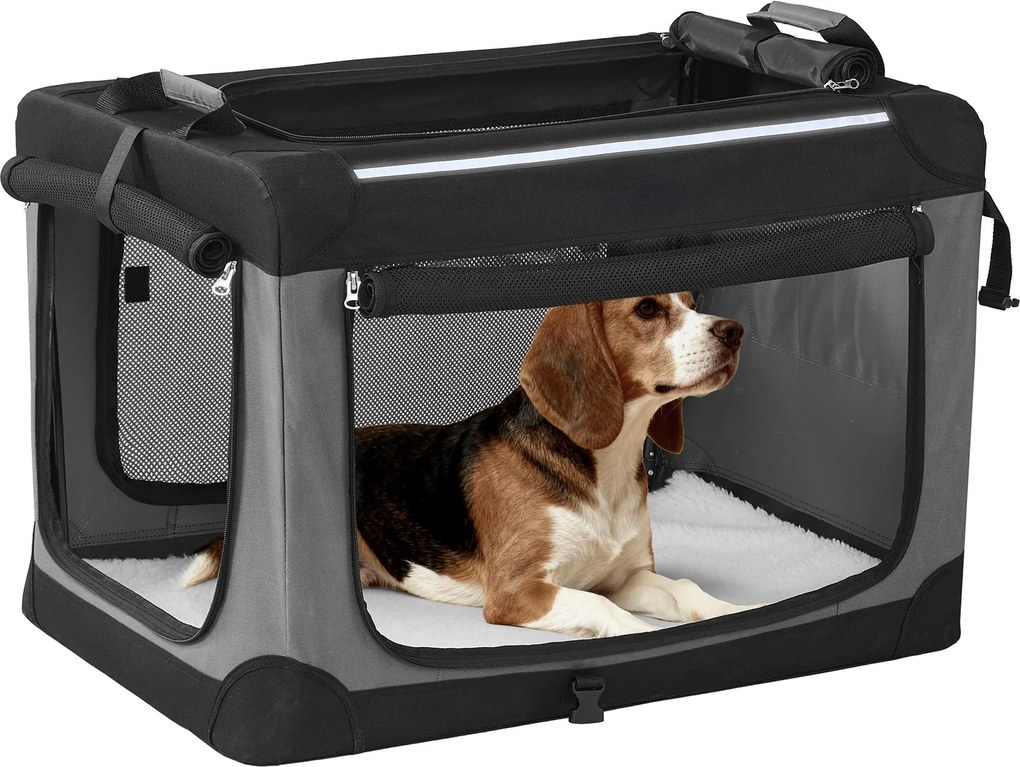 Transportadora dobrável para cães 76 x 53 x 53 cm, tecido Oxford, bolsa para cães com 4 portas em tecido de malha preta