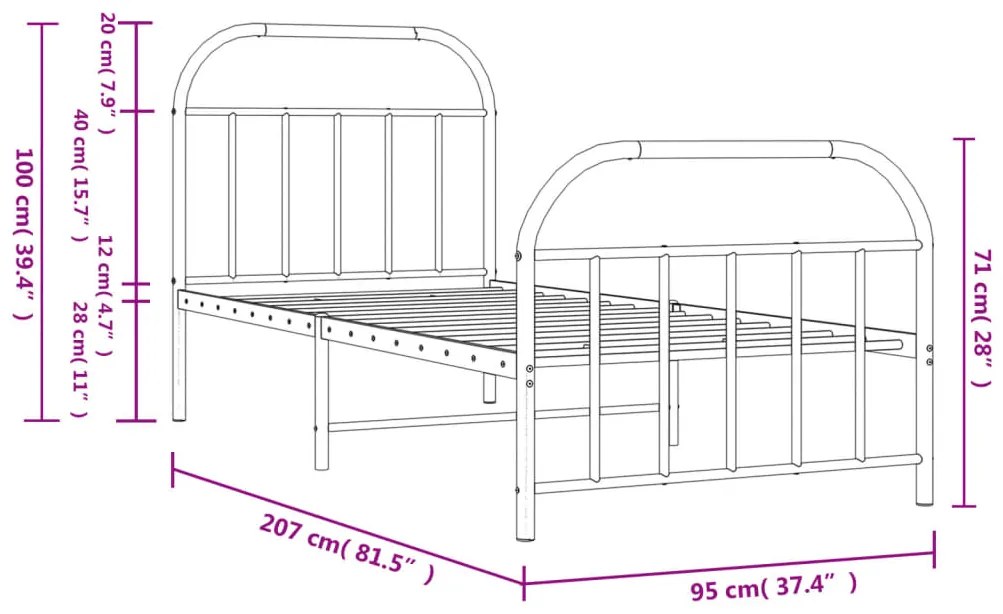 Estrutura de cama com cabeceira e pés 90x200 cm metal branco