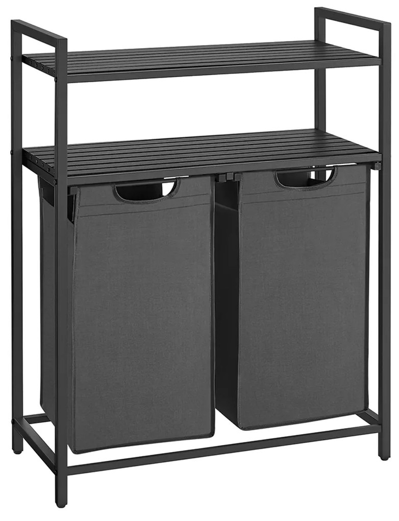 Cesto para roupa suja 2 x 46 L com 2 prateleiras preto-cinzento