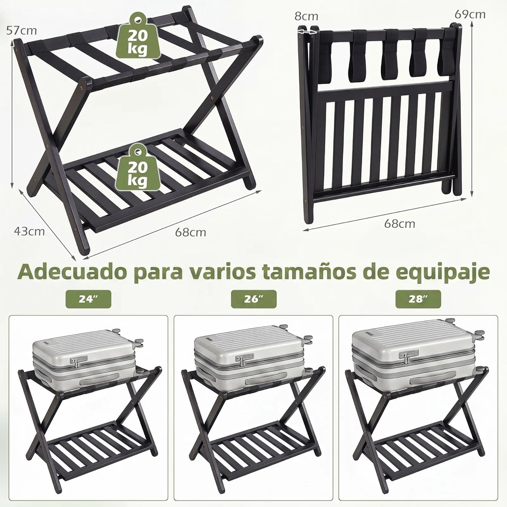 Conjunto de 2 Suportes para Malas Dobráveis, 68 x 41 x 57 cm, Dois Níveis de Arrumação, Preto