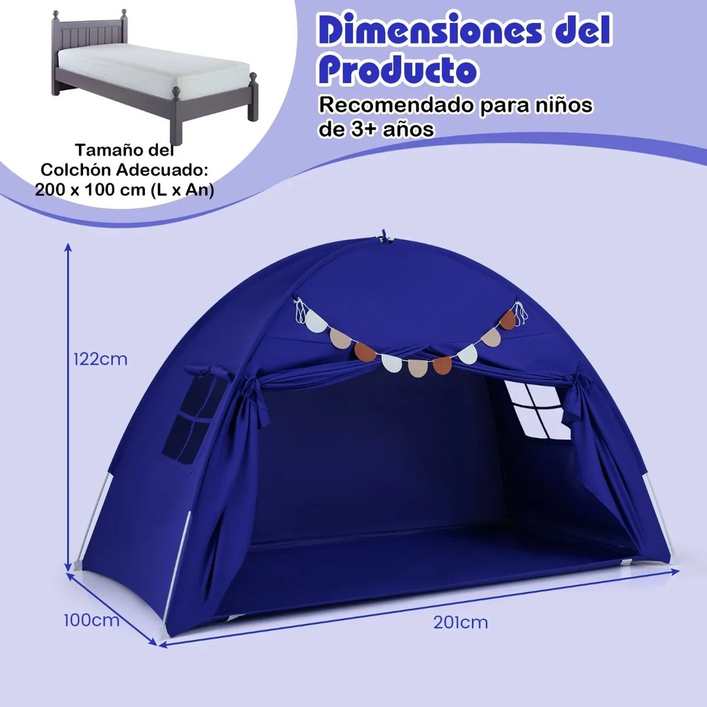 Tenda dobrável e portátil brincar para crianças 201 x 100 x 122 cm com 2 janelas e bandeiras para beliches duplos azul