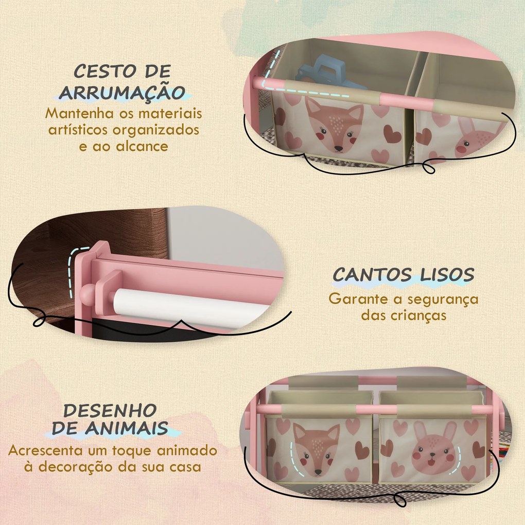 Cavalete para Crianças 3 em 1 Cavalete de Arte com Rolo de Papel Quadro e 2 Cestas de Armazenamento 54x46,5x93 cm Rosa