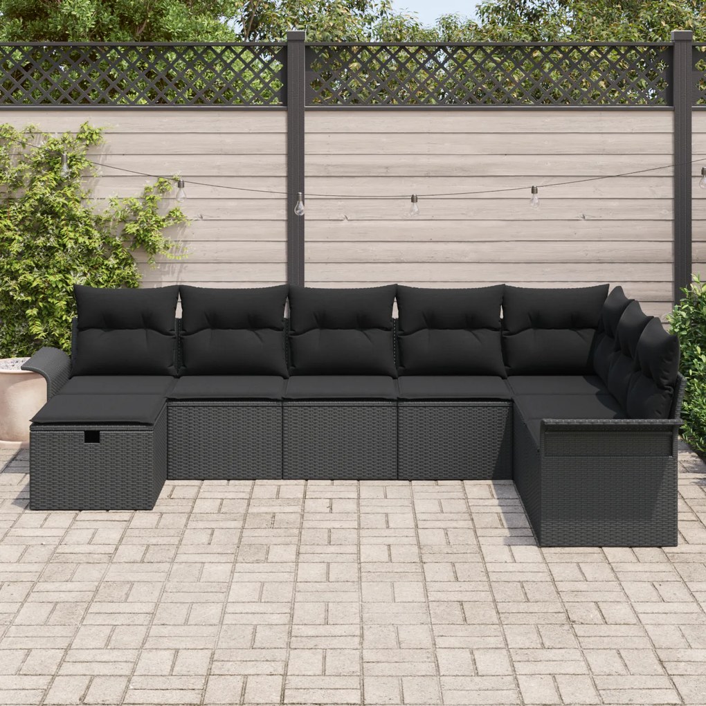 Conjunto de Sofá de Jardim vidaXL com Almofadas Preto Rattan Poliéster
