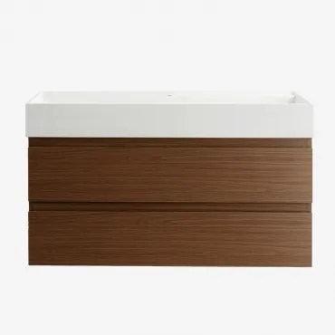 Conjunto De Móvel De Casa De Banho Suspenso Em Madeira E Folha De Freixo Com Lavatório Integrado Ona Madeira Escura & Sem Espelho & Sem - Sklum