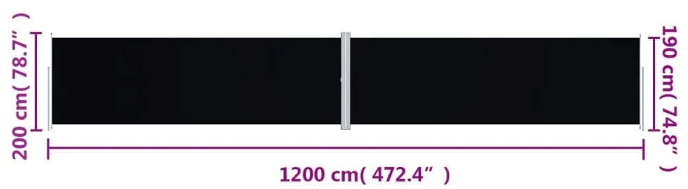 Toldo lateral retrátil 200x1200 cm preto