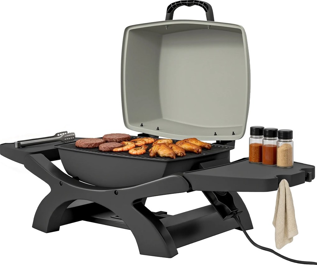 Grelhador elétrico de exterior de 2300 W, churrasqueira de mesa portátil com grelhas esmaltadas e prateleiras laterais, preta