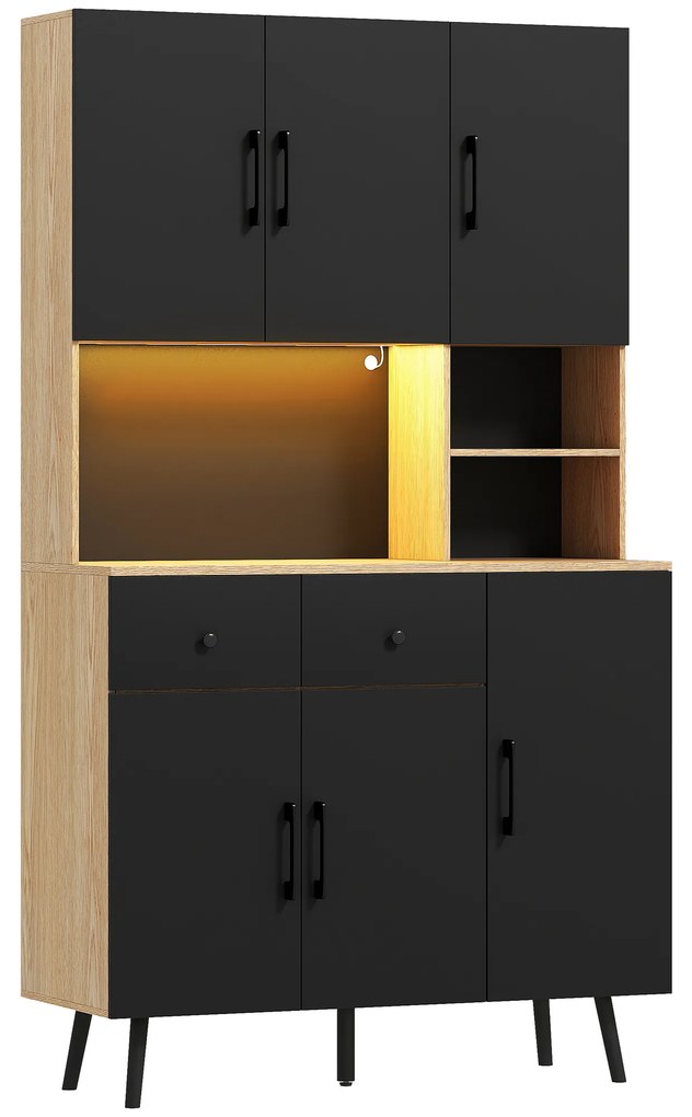 HOMCOM Armário de Cozinha Alto com Luzes LED RGB com 6 Portas 2 Gavetas Bancada 100x40x176 cm Preto e Madeira | Aosom Portugal