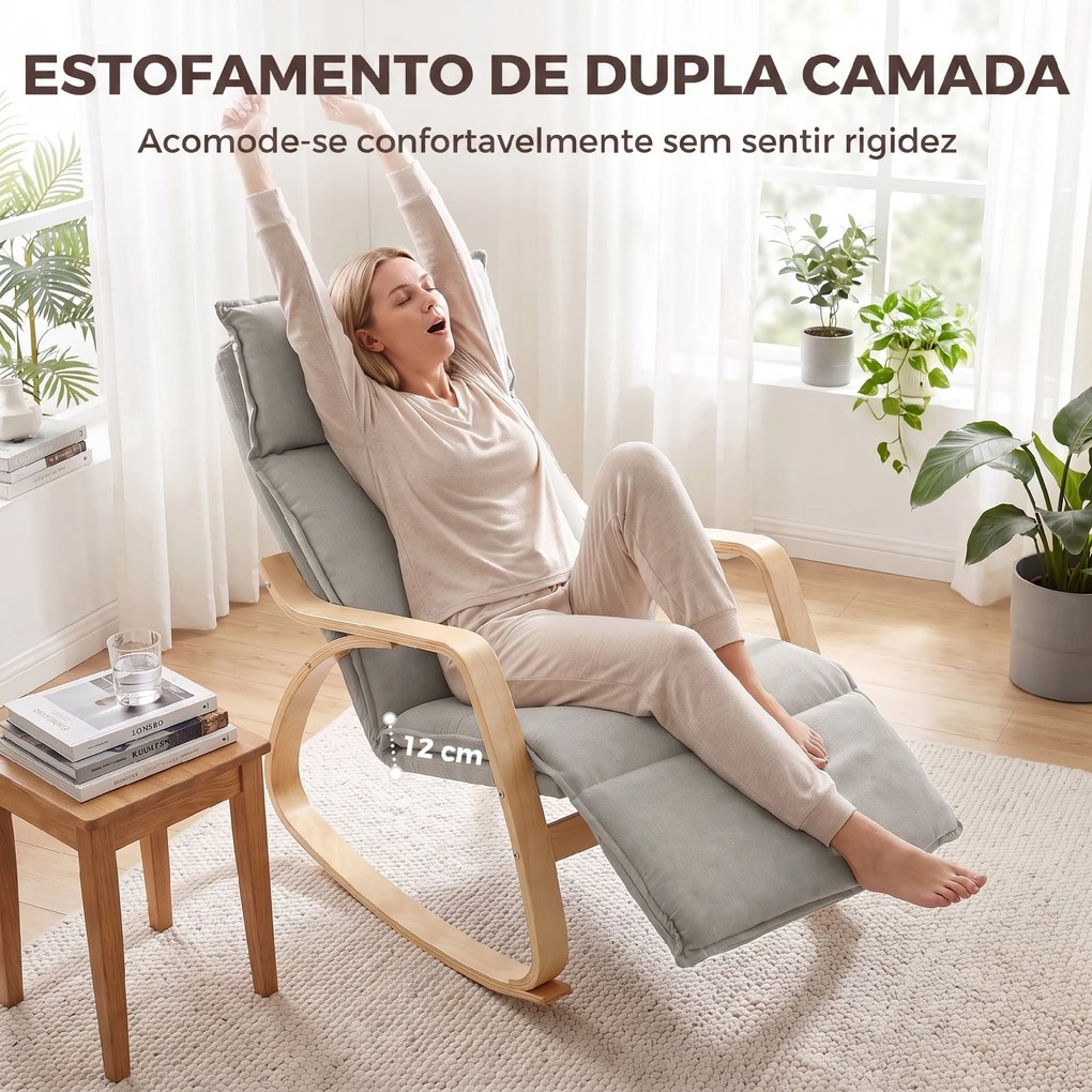 Cadeirão de Baloiço com Apoio para os Pés Ajustável 5 Posições Apoios de Braços em Madeira Acolchoamento Duplo Cinza Claro