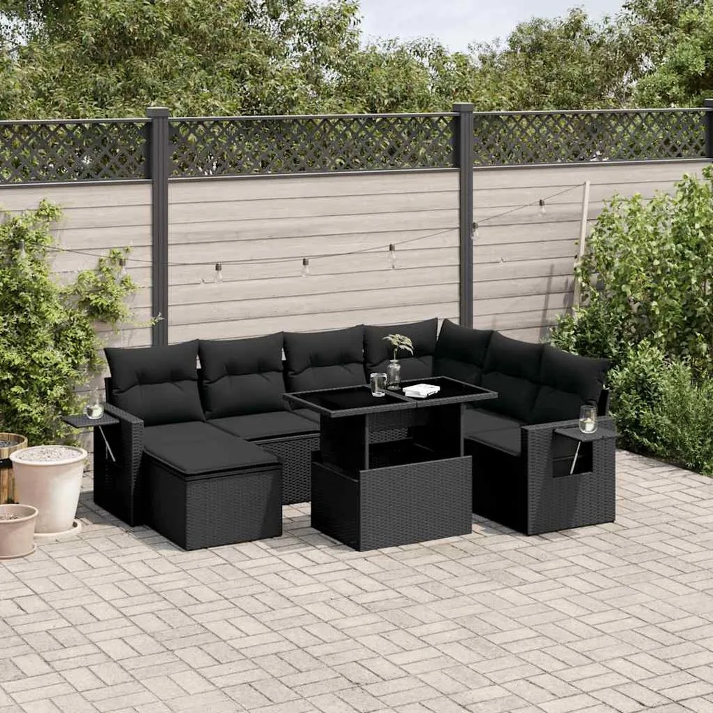 vidaXL 9 pcs conjunto de sofás p/ jardim c/ almofadões vime PE preto