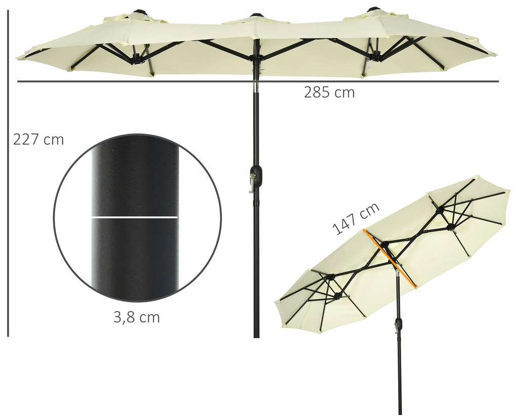 Chapéu de Sol Duplo 285x147x227cm Chapéu de Sol de Jardim com Inclinação de 45° Manivela Estrutura de Aço para Pátio Varanda Piscina Bege