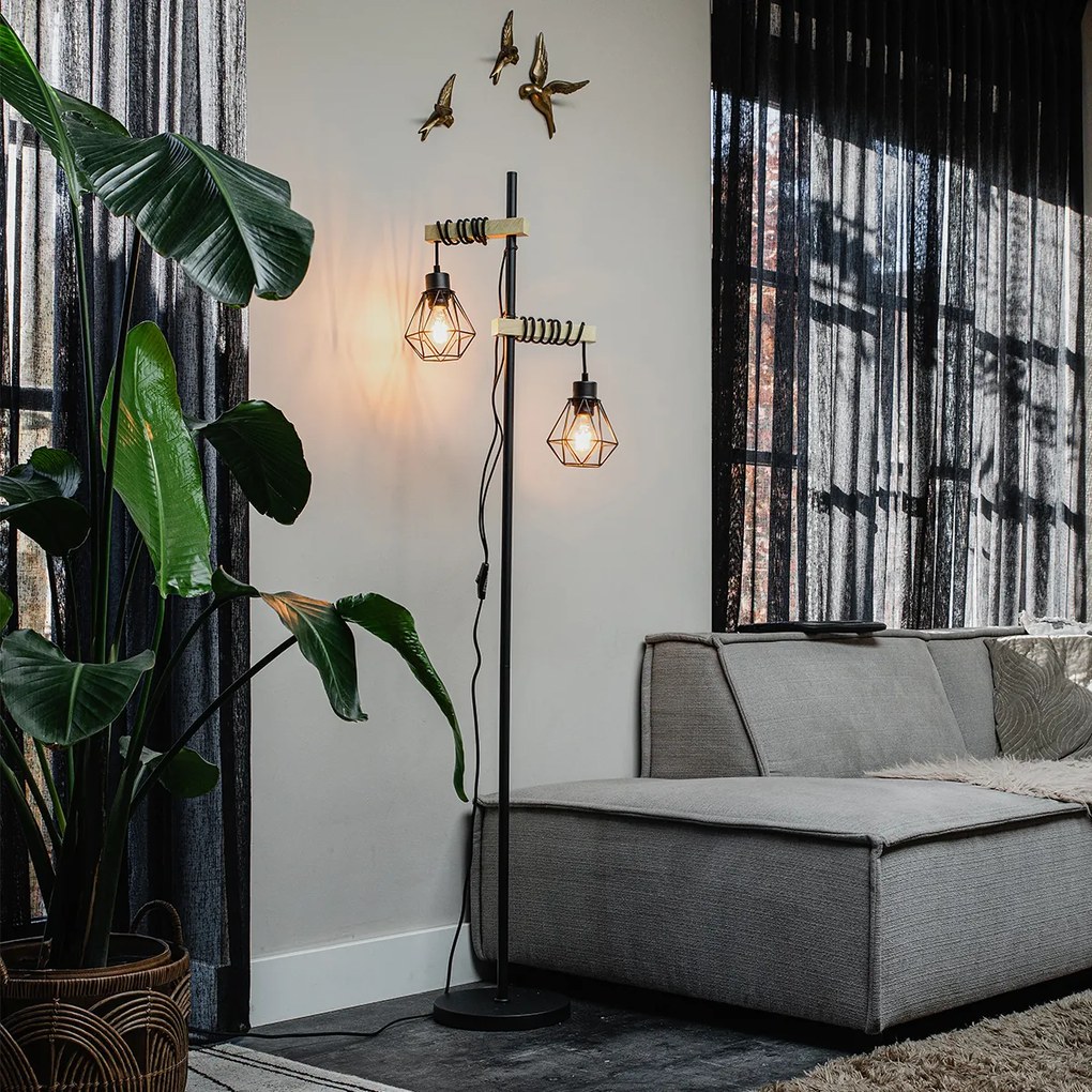 Candeeiro de pé rústico preto com madeira 2-luzes - Chon