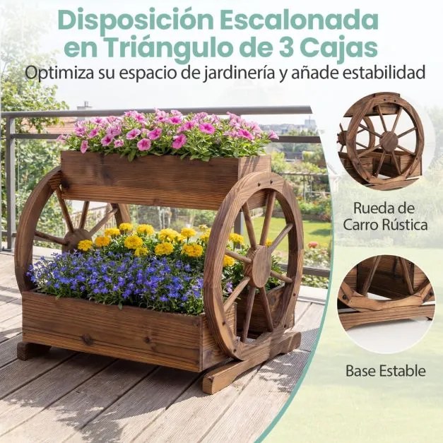 Floreira de plantio rústica em madeira 61,5 x 55 x 62 cm, canteiro elevado de 2 níveis com 3 compartimentos de cultivo e orifícios de drenagem Castanh