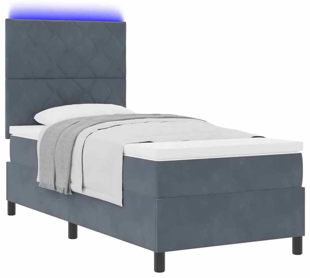 Cama Box Spring vidaXL com Colchão e LED Cinza Escuro 90x190 cm Veludo