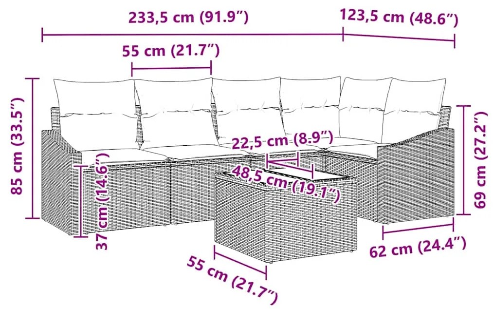 Conjunto de Sofá de Jardim 6 Peças com Almofadas em Rattan Castanho e