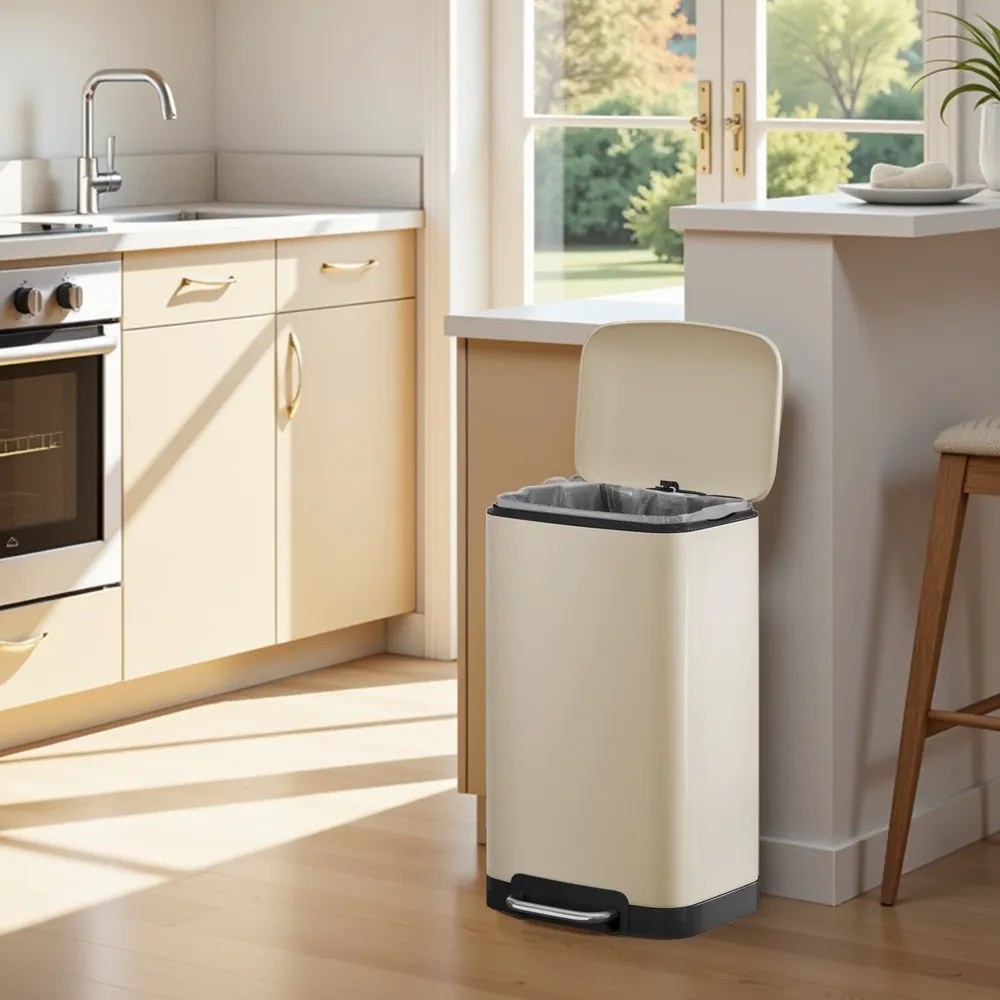 Caixote do lixo para cozinha 30L com pedal em aço 34,5 x 32,5 x 61,5 cm , tampa com fecho suave, caixote interior removível Creme