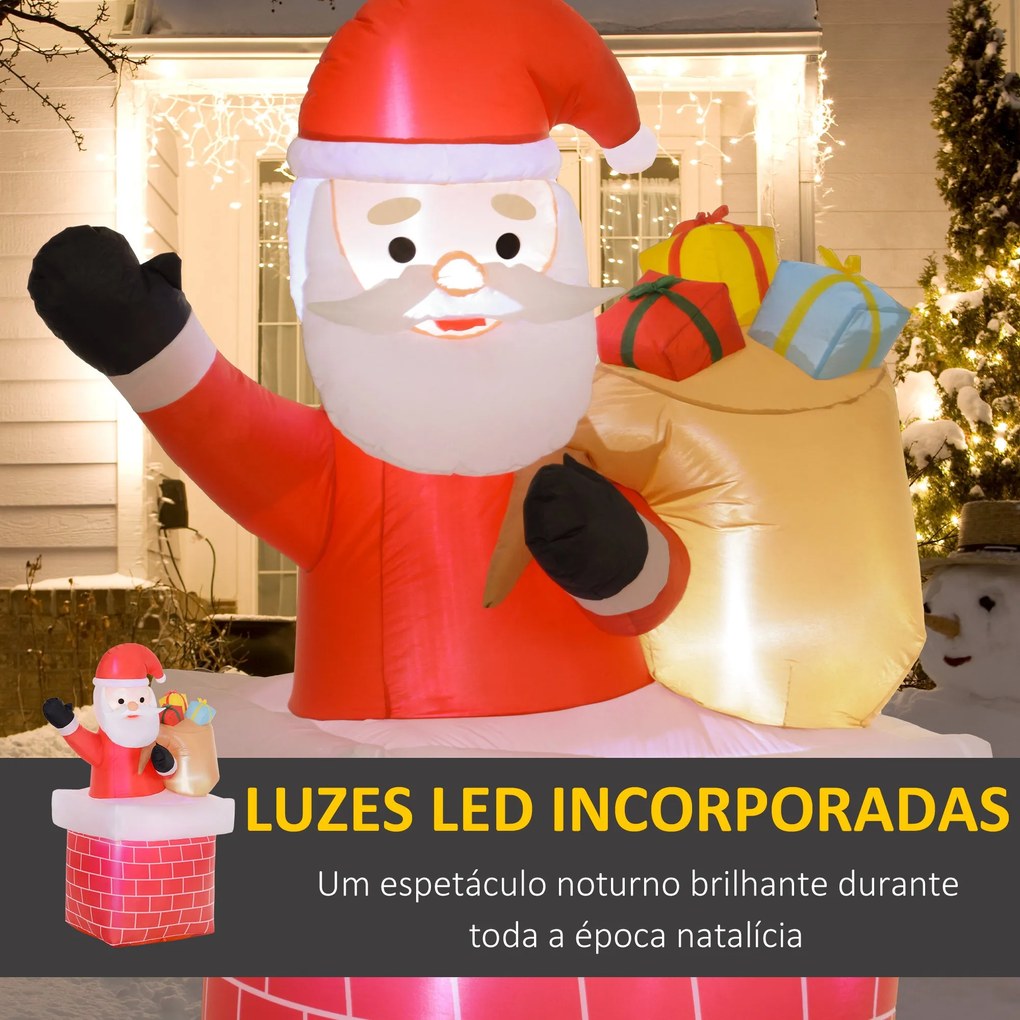 Pai Natal Insuflável com Sacos de Presente Saindo de uma Chaminé Decor