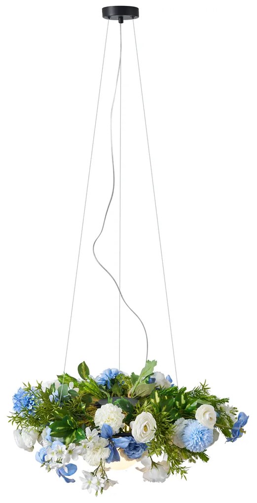 Candeeiro suspenso boémio preto com flores coloridas azuis e brancas - Flower Power
