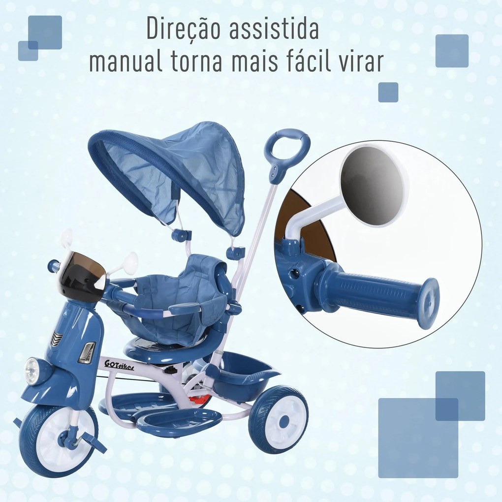 Triciclo infantil com toldo Barreira Apoio para os pés Luz e Música 93x51x94 cm Azul