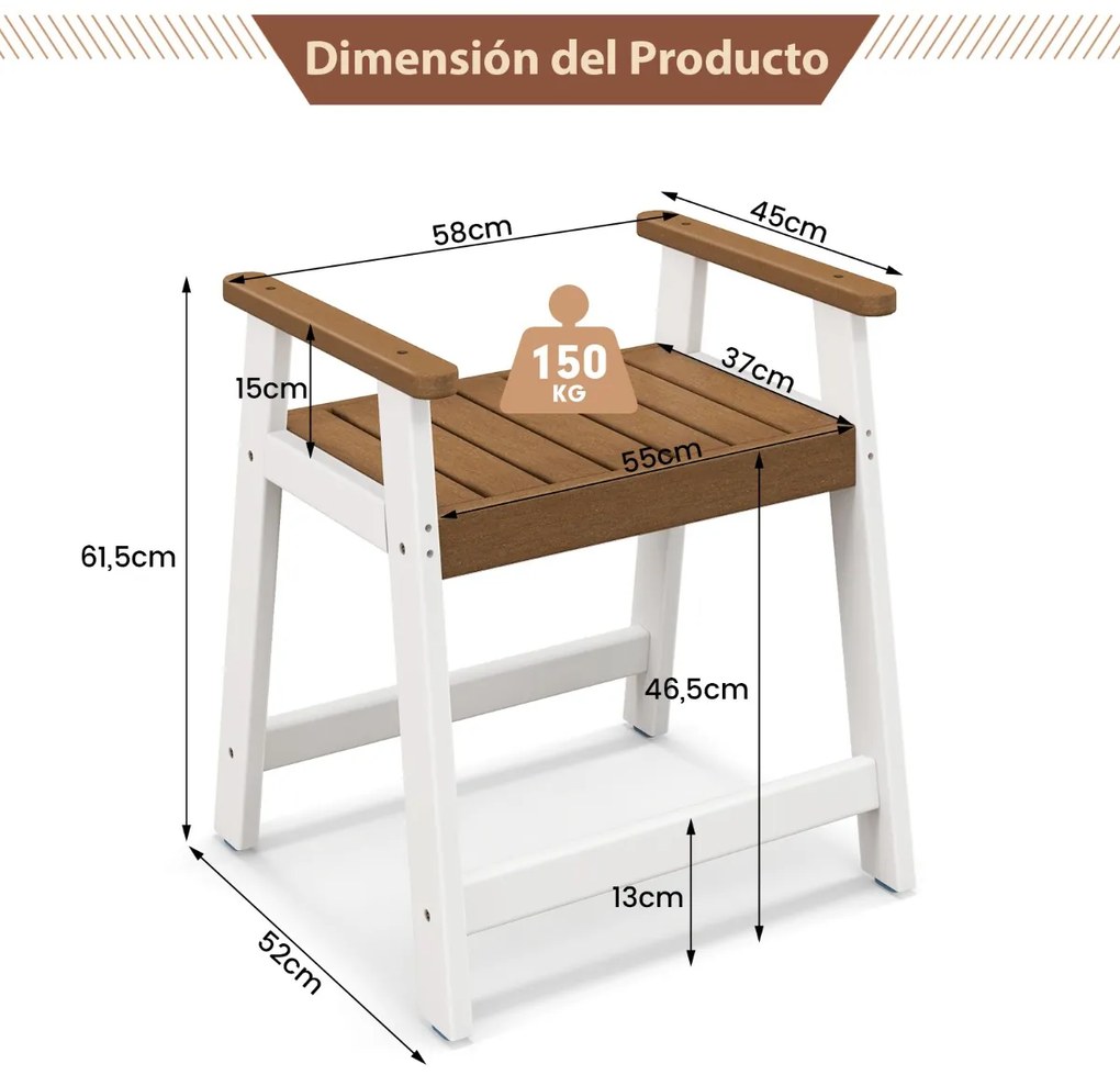 Banco de Casa de banho com Braços Banco Impermeável para Banheiro 58 x 52 x 61,5 cm Castanho e Branco
