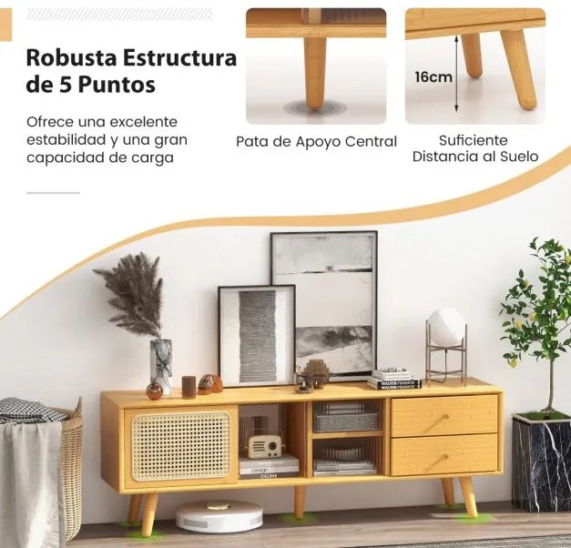 Móvel de TV 140 cm x 31 cm x 45,5 cm em bambu até 65'' com vidro e portas em rattan PE 2 gavetas Portas deslizantes para sala de estar Natural