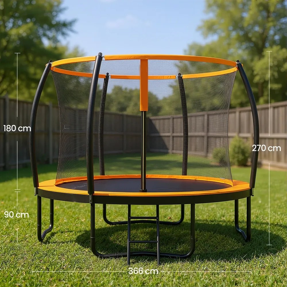 Trampolim de jardim Ø 366 cm com rede de segurança, cobertura lateral preto-laranja