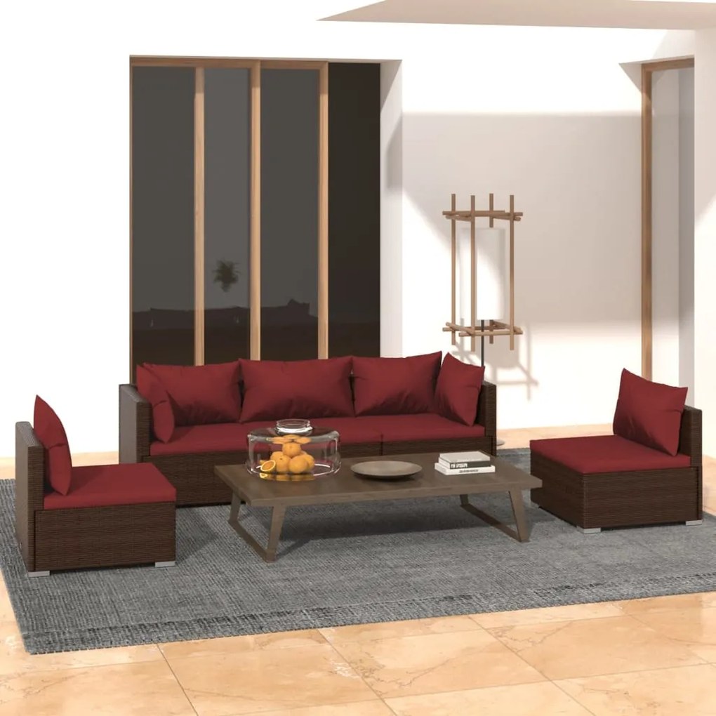 vidaXL 5 pcs conjunto lounge jardim c/ almofadões vime PE castanho