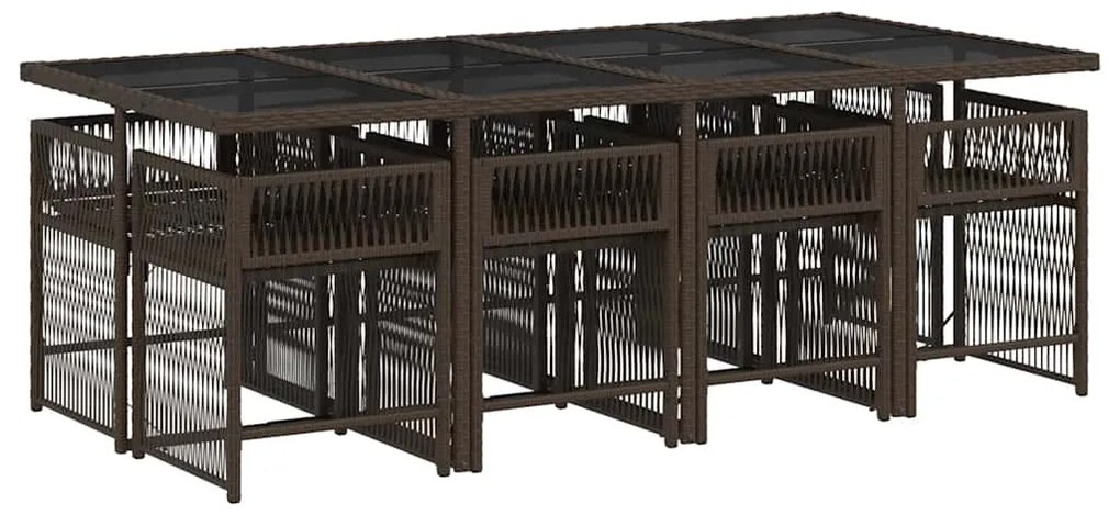 9 pcs conjunto jantar p/ jardim c/ almofadões vime PE castanho