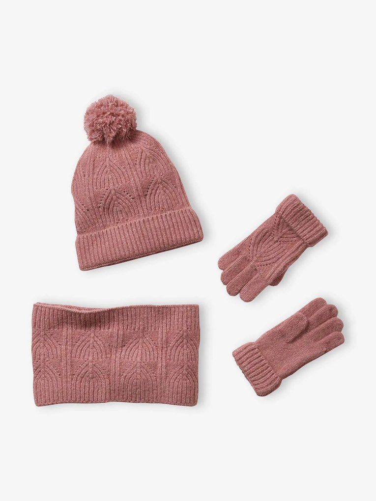 Agora -40%: Conjunto gorro + gola snood + mitenes, em malha cintilante aos torcidos rosa medio liso