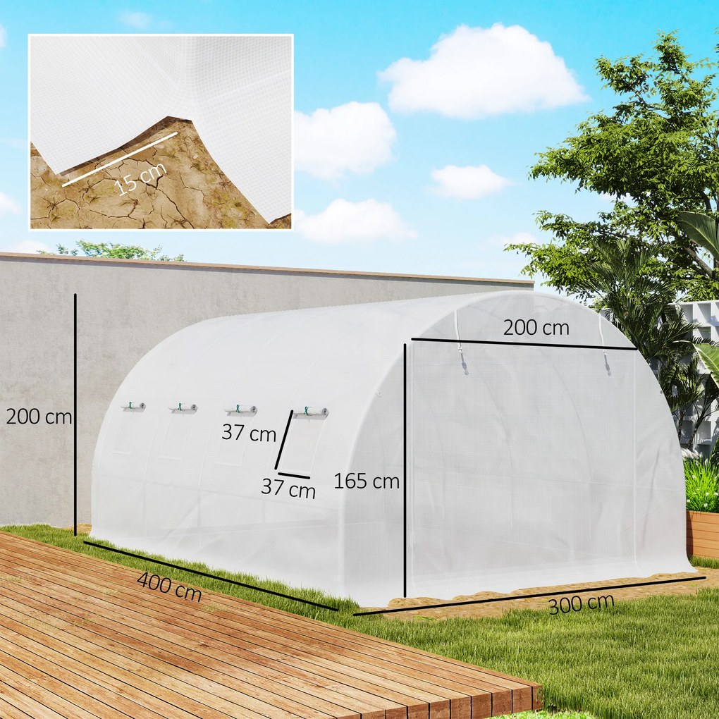 Lona de substituição para estufa em túnel de 12 m² (4 x 3 x 2 m) (ESTRUTURA NÃO INCLUIDA), PE anti-UV e impermeável, com 8 janelas + porta enrolável c