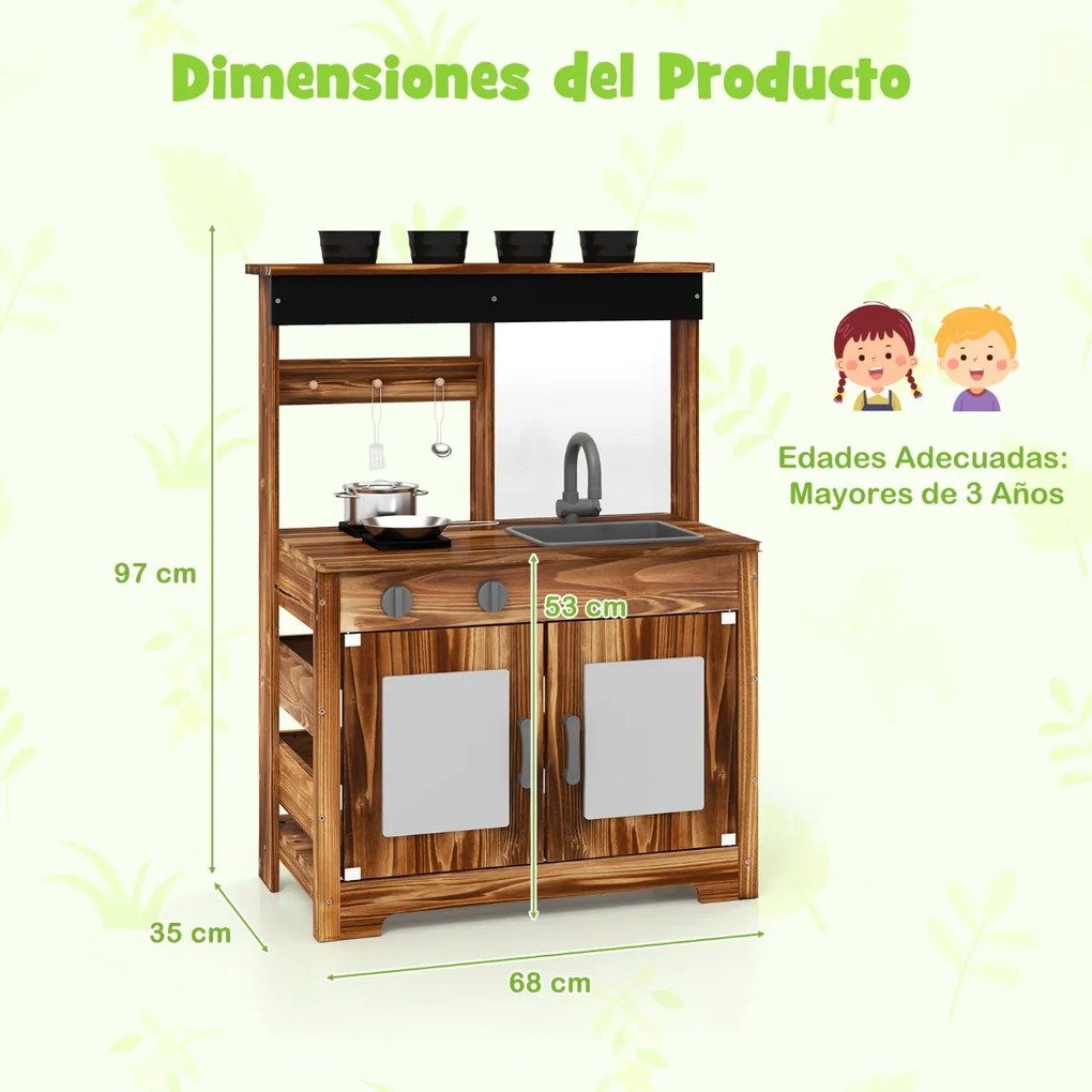 Cozinha brincar 68 x 35 x 97 cm com acessórios para 3+ anos com Vasos para plantas Torneira para plantas Lava-loiça amovível e fogão duplo Castanha