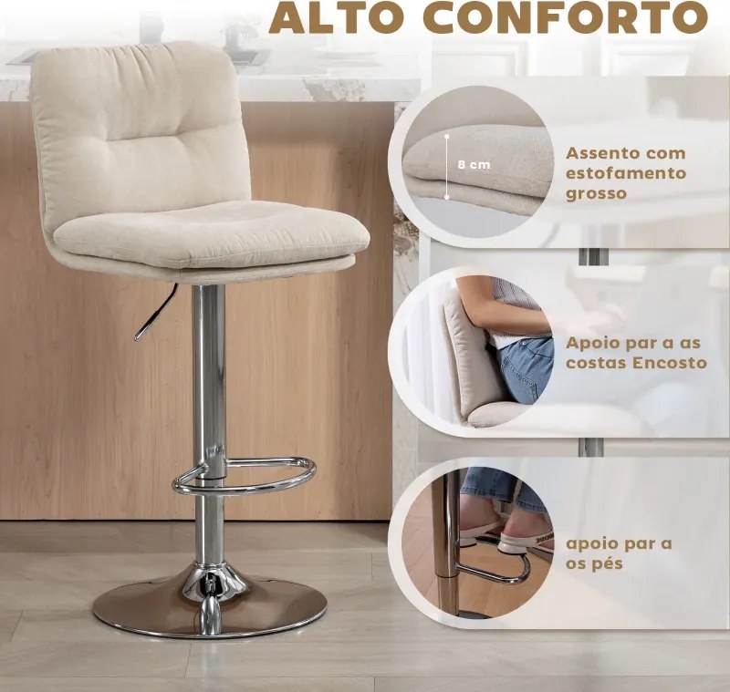 Conjunto de 2 Bancos de Bar Giratórios Estofados em Linho com Altura Ajustável 64-86 cm e Apoio para Pés Bege