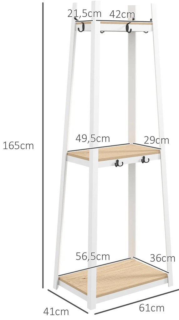 Suporte para Cabides de 3 Níveis Suporte para Cabides com 6 Ganchos e Prateleiras para Entrada Corredor 61x41x165 cm Natural
